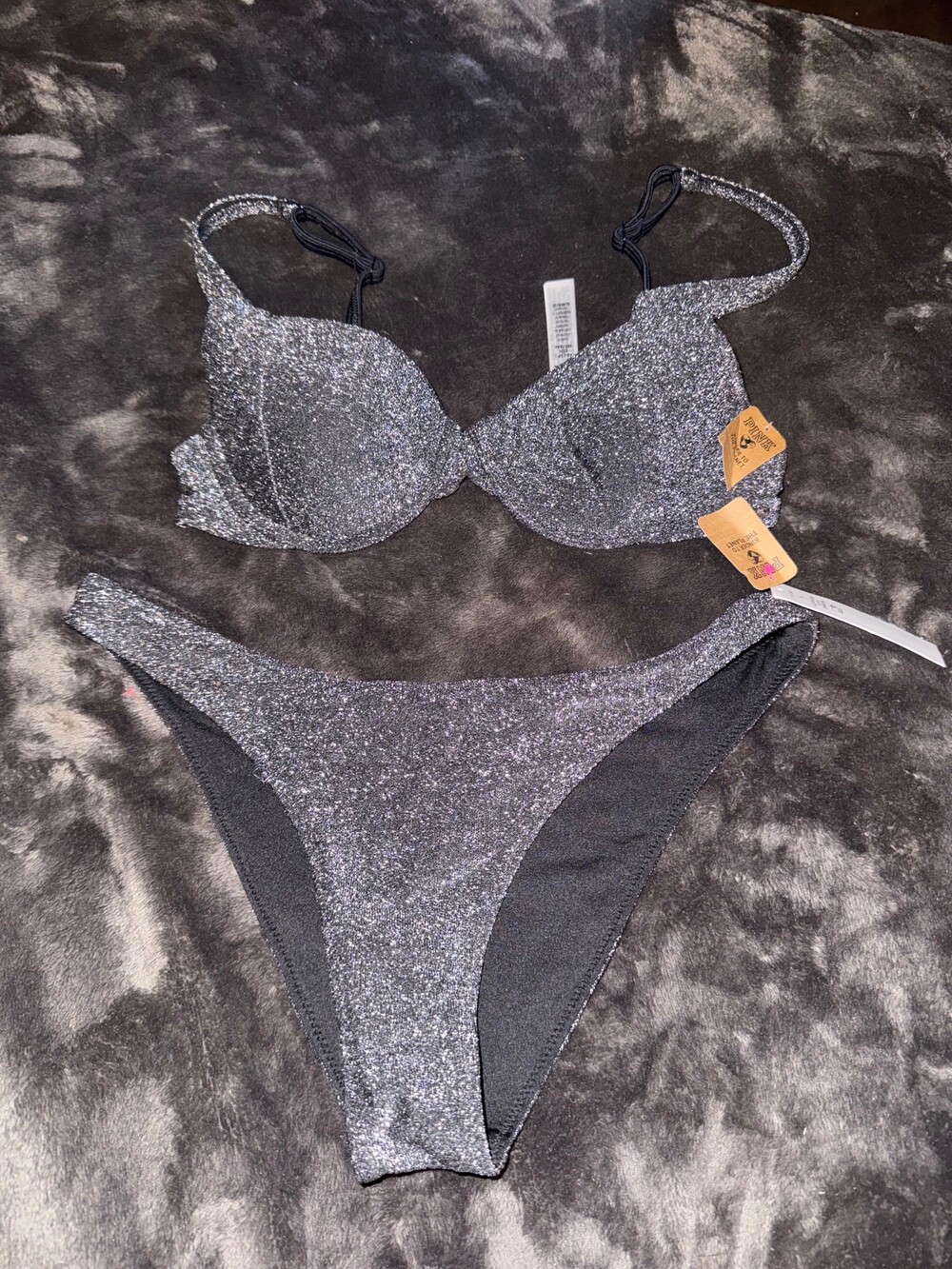 Victoria secret Pink Silver Glitter Bikini Two-Piece Swimsuit Set Small